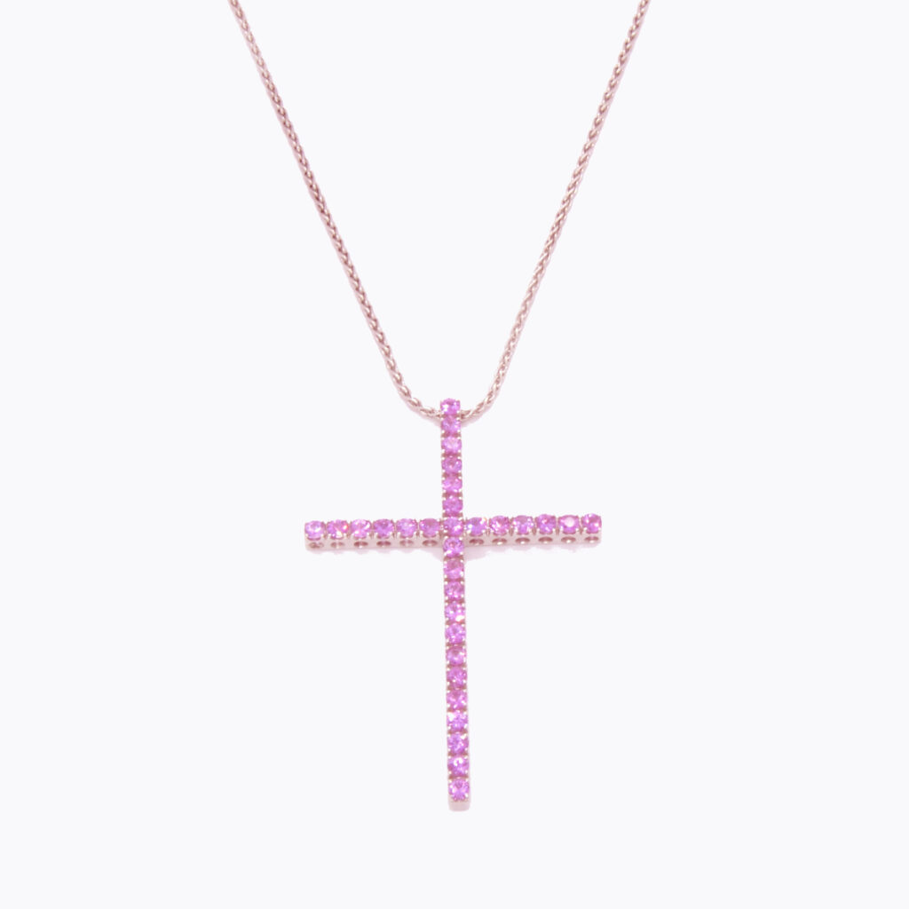 Pendentif Croix En Cristal Rose Plaqué Argent - Neuf Sans Emballage