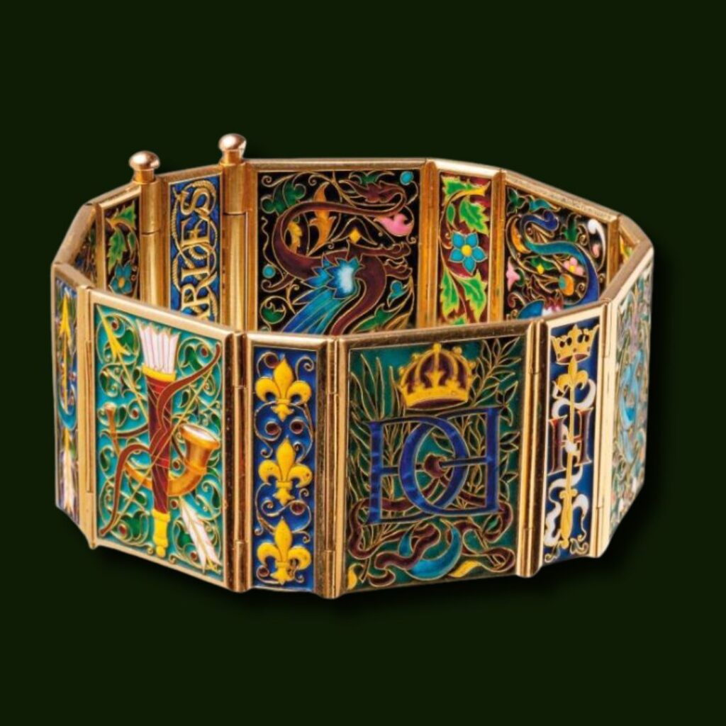 Lucien Falize (1839-1897) et Germain Bapst (1853-1921), 1881, bracelet articulé en or jaune émaillé polychrome ©Farran Enchères