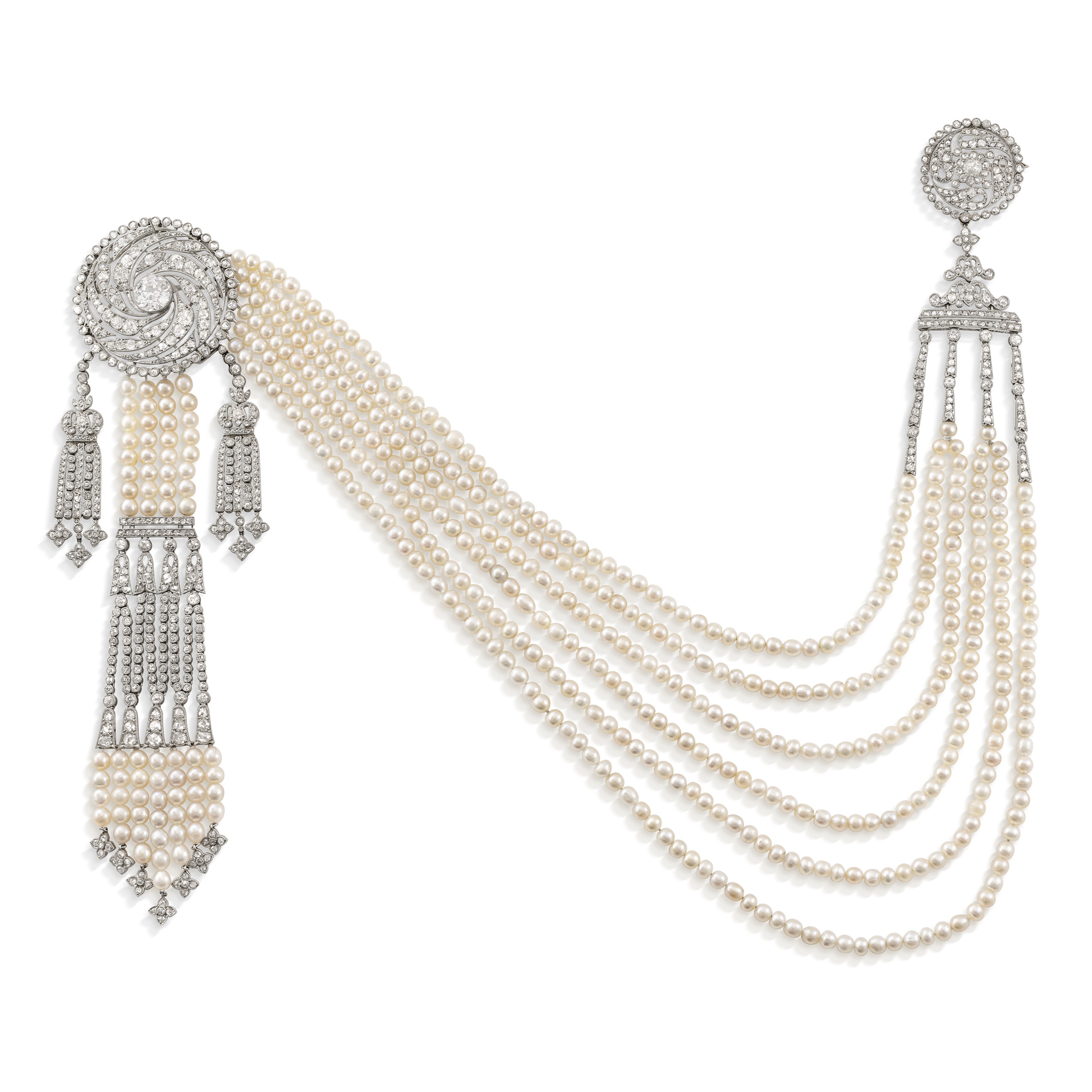 Cartier, broche et drapé d'épaule Belle Epoque, diamants et perles fines. ©inconnu