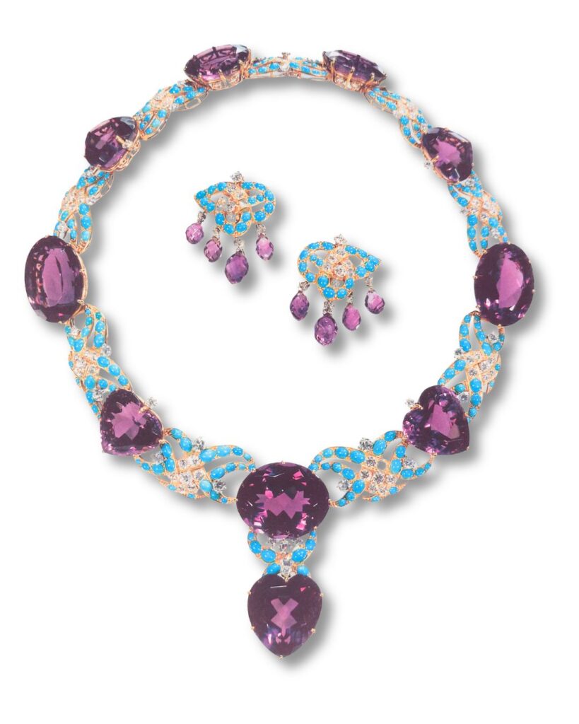 Cartier New York, 1950 et 1951, collier et boucles d'oreilles en or, platine, améthystes, turquoises, diamants, Museum & Gardens, Hillwood State, legs de Merriweather Post