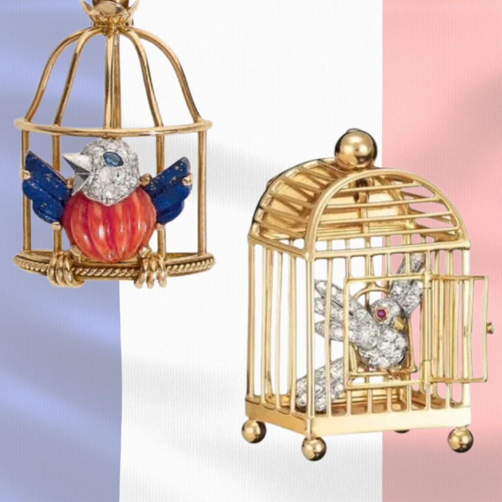 Bijoux patriotiques 1940 - Cartier, broche L'Oiseau Libéré, 1944, pour célébrer la Libération ©Pierre Bergé auctions - Van Cleef & Arpels, Clip Oiseau Libéré, 1945