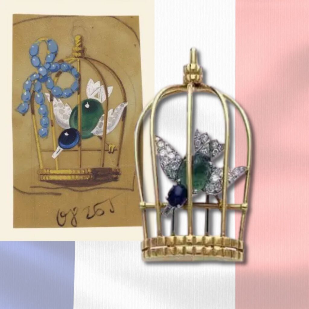 Bijoux patriotiques 1940. Cartier, broche L'oiseau en cage, 1942 - Cartier, « L’oiseau en cage », gouache sur papier. Bijou conçu par Jeanne Toussaint et Peter Lemarchand en 1942.