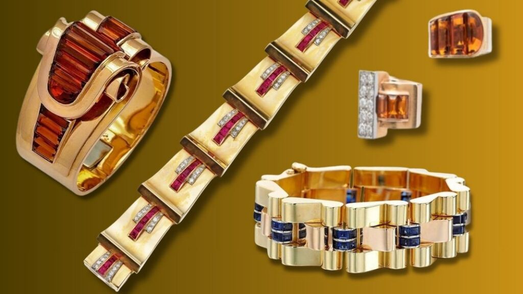 Bracelet tank 1940 Cartier, bracelet vers 1940, or et citrine
Cartier, bracelet tank, vers 1940, or 14k et rubis ©Sotheby's
Sasportas, bagues vers 1945, or et citrine ©Christie's
Illario, bracelet tank, vers 1940, or et saphirs calibrés ©Sotheby's