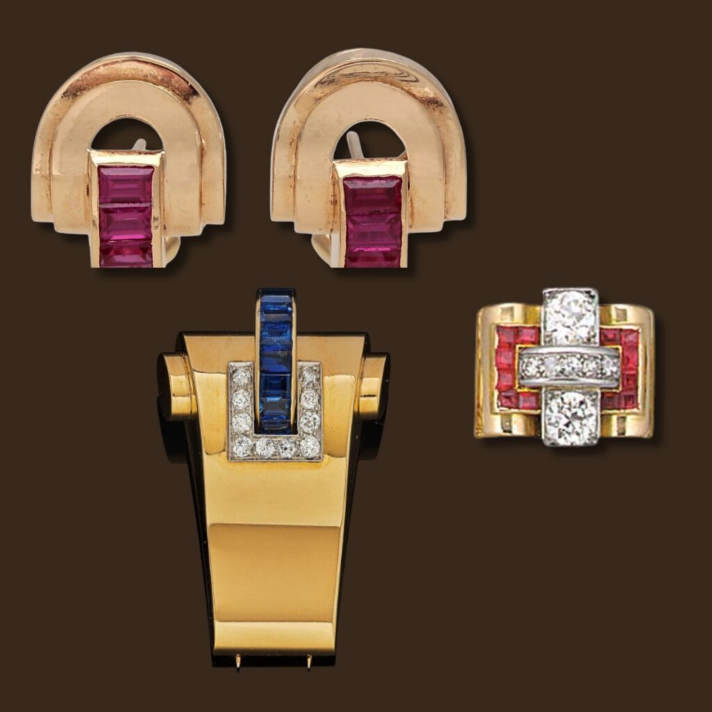 Le style Rétro des années 1940 Boucles d'oreilles vers 1940 or, rubis synthétiques  ©Balclis Barcelona
Boucheron, broche clip vers 1940 or et cabochons de saphir ©Koller Auctions
Bague tank 1940, diamants et rubis synthétiques ©Christie's auction