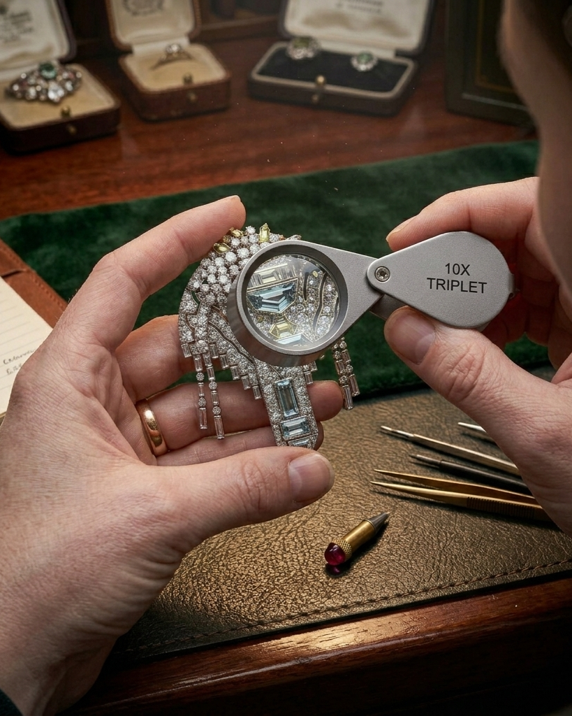 Broche Art Déco en platine, diamants et diamants de couleur. Vers 1925. Collection Privée Albion Art ©AlbionArt