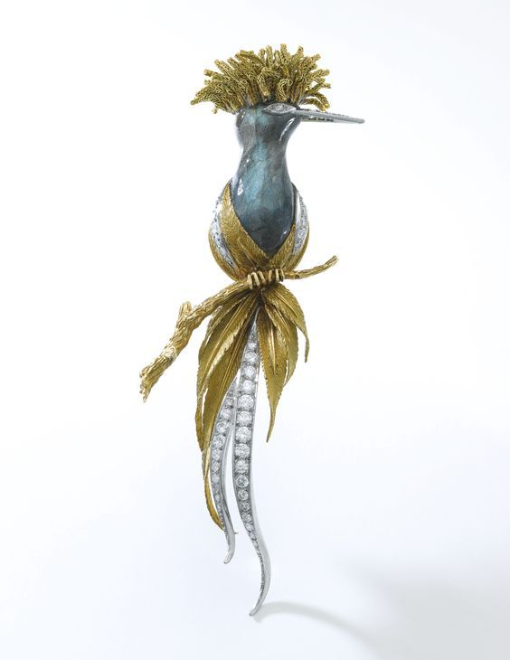 Sterlé, broche Oiseau, années 1960, or, labradorite, diamants