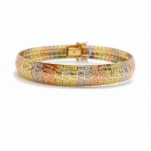 Bracelet ruban trois ors 14k, lamelles articulées ciselées