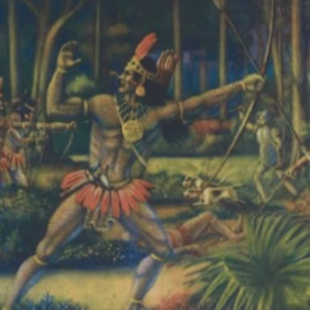 Peinture d'une bataille entre les Indiens Muzo et les envahisseurs espagnols, l'ouvrage d'Otero Muñoz (1948), courtesy of the Colombian Institute of History