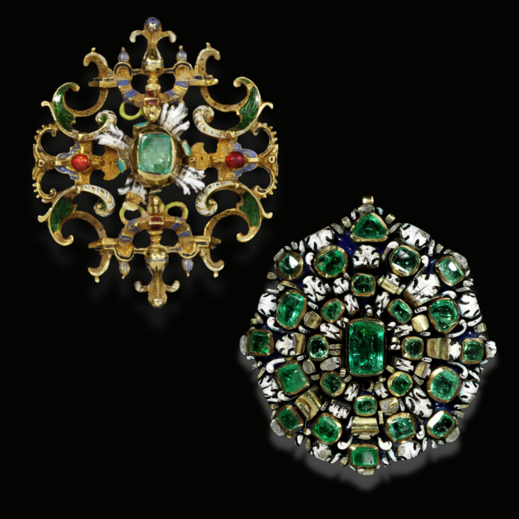 Broche vers 1630-1650 en or, émail et émeraude et Pendentif vers 1650 en or, émail et émeraudes, V&A Museum