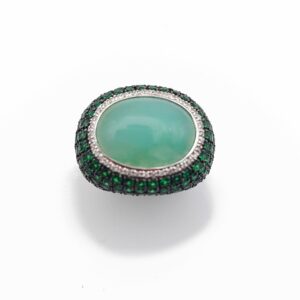 Bague boule "Menthe", cabochon d'agate verte, diamants et tsavorites