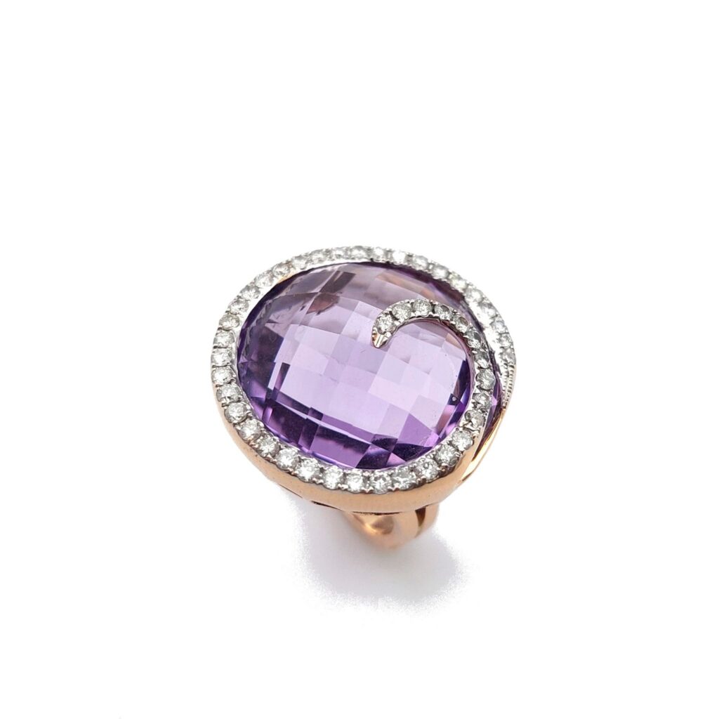Grande bague améthyste "Spirale", diamants et or rose 18k