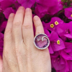 Grande bague améthyste "Spirale", diamants et or rose 18k
